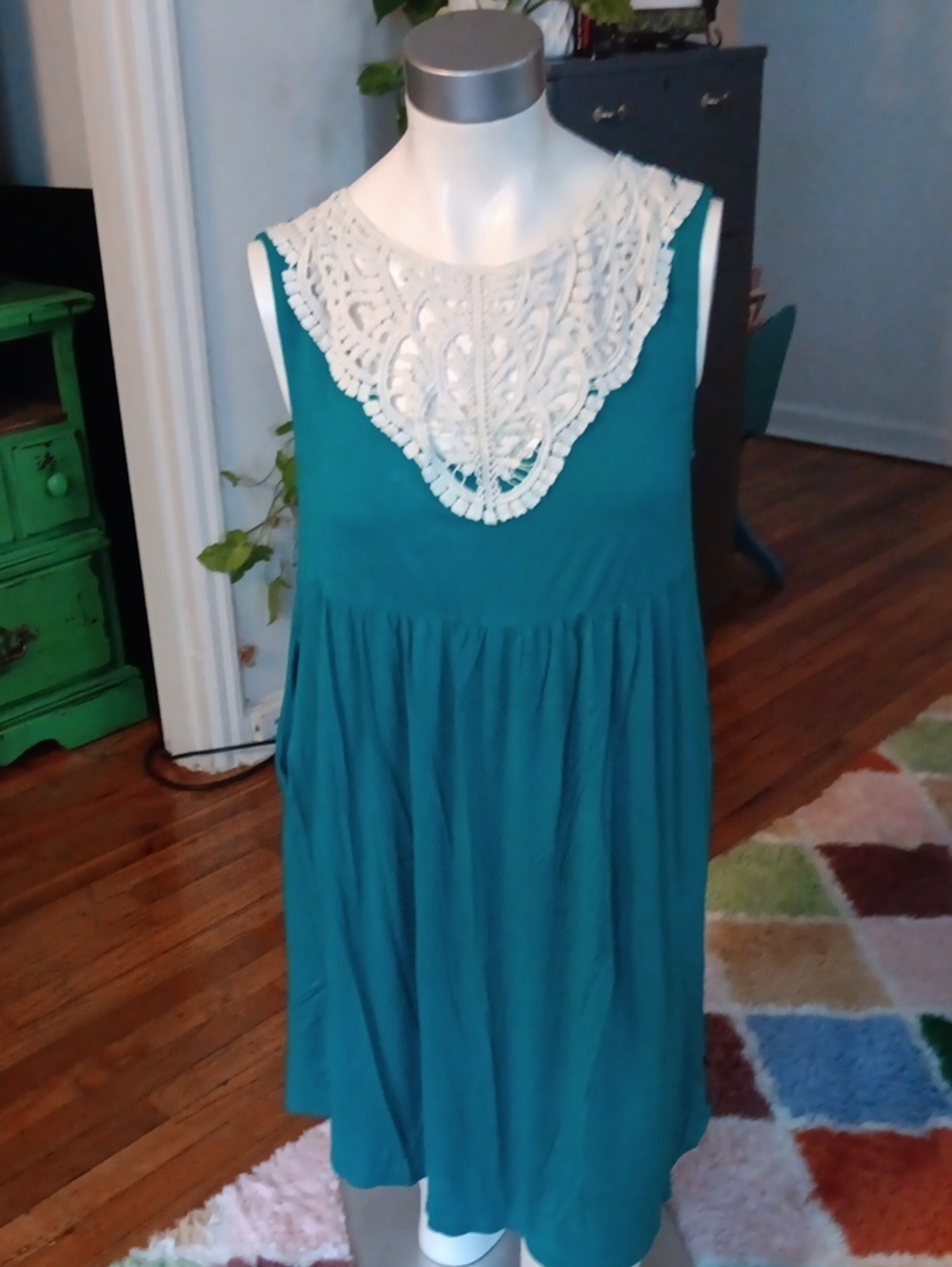 Emerald Teal Sleeveless Midi Dress with Ivory Crochet Yoke